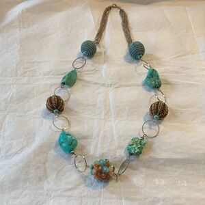 Handcrafted Costume Jewelry: Turquoise and Brown Beaded 30” Necklace